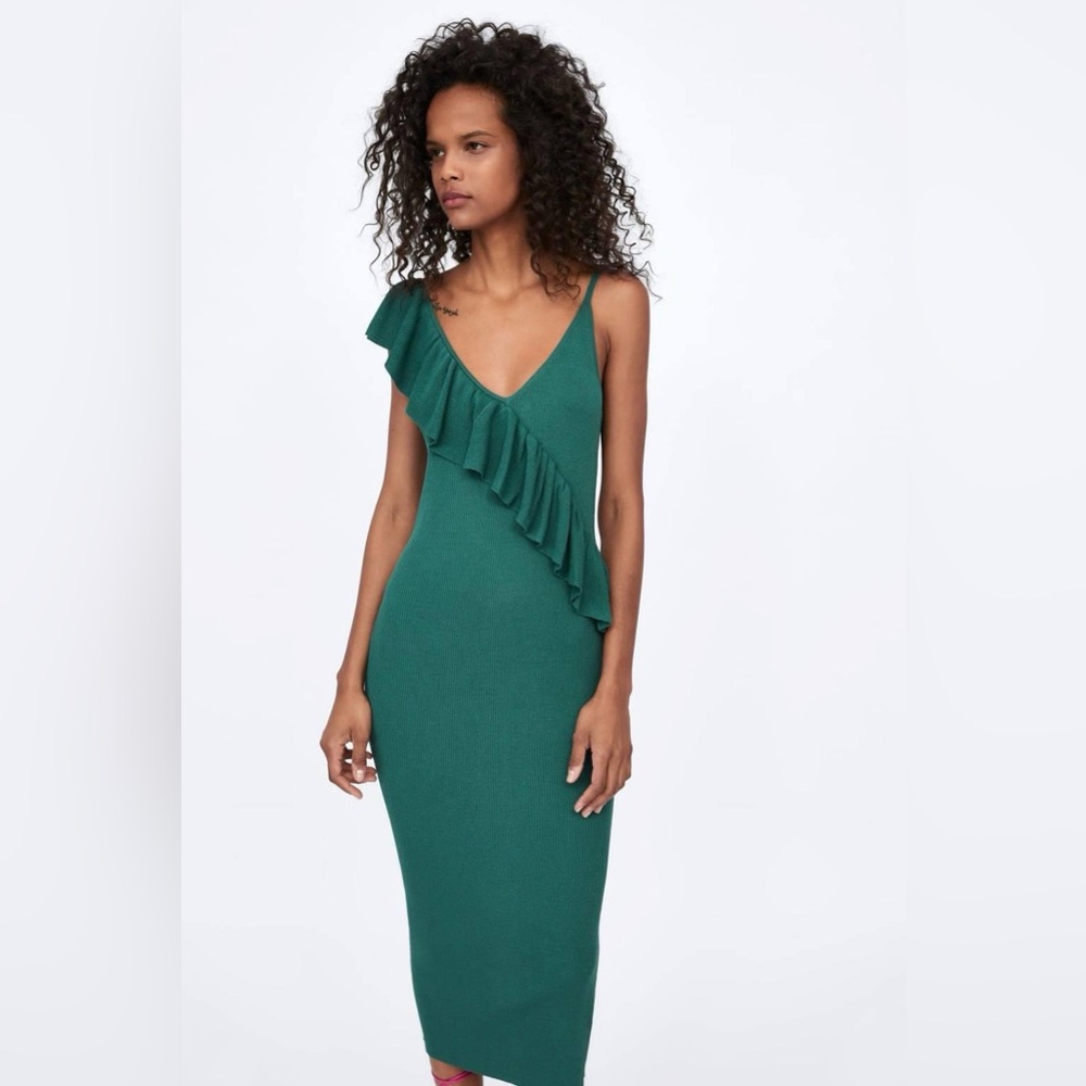 Zara Strappy Dress with Ruffle Trim in Green